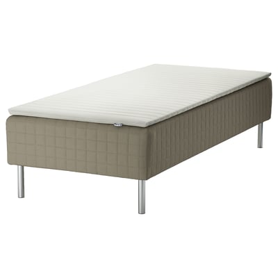 SKÅRER bed: light gray, rectangular, upholstered base with stainless steel legs.