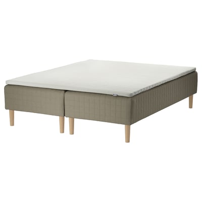 SKÅRER bed: modern, gray upholstered base with wooden legs, supportive mattress top.
