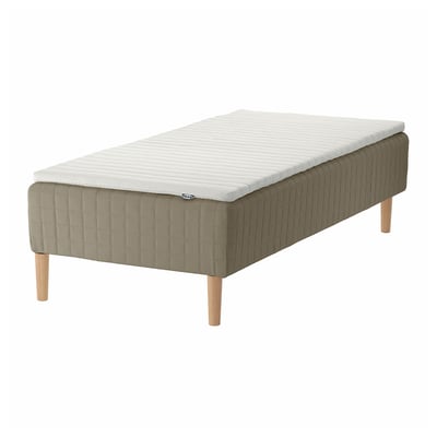 SKÅRER: modern bed with white mattress, olive green frame, wooden legs; minimalist design.