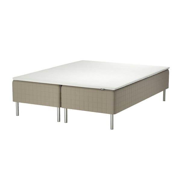 A beige SKÅRER bed with a white mattress and metallic legs. Modern, rectangular, and minimalist design.