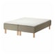 SKÅRER bed: beige, wooden base with sprung mattress, light fabric, rectangular, simple design.