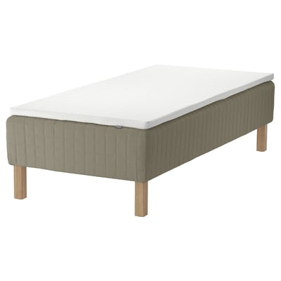 SKÅRER bed: olive green, rectangular, upholstered base with wooden legs, white foam mattress.