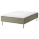 A minimalist, modern bed with grey fabric and stainless steel legs.