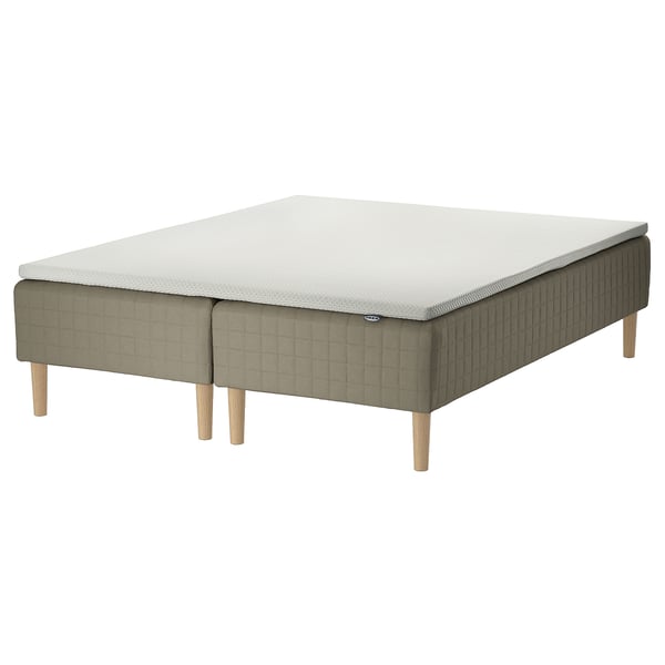 SKÅRER bed: grey, wooden base with sprung mattress, rectangular, simple design, fabric-covered legs.