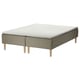 SKÅRER bed: grey, wooden base with sprung mattress, rectangular, simple design, fabric-covered legs.