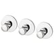 Three chrome-finished, round hooks with self-adhesive tape on back for wall mounting. Modern, minimalist design.