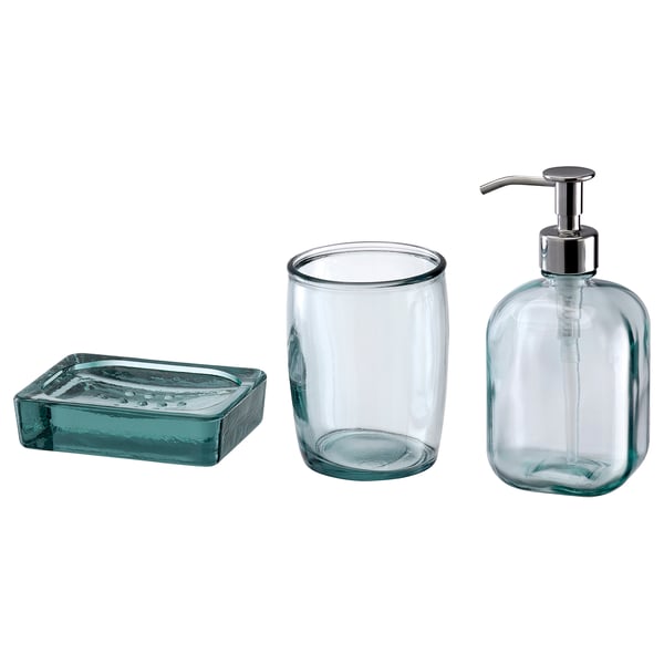 Three-piece blue-green glass bathroom set: soap dish, toothbrush holder, soap dispenser, stainless steel pump.