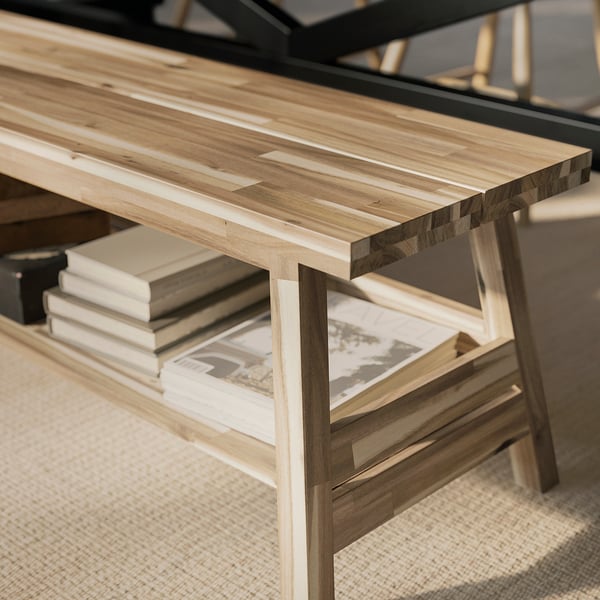 SKOGSTA Bench with storage, acacia, 120 cm