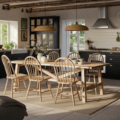 Acacia SKOGSTA dining set: table, 6 chairs, rustic modern kitchen.