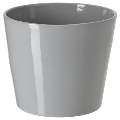 Grey stoneware planter, simple, cylindrical.