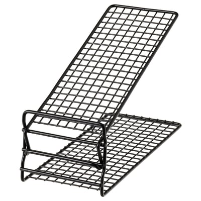 This image shows a SKOSTALL black metal shoe rack. It two tiers with adjustable mesh shelves. The design is practical and space-saving.
