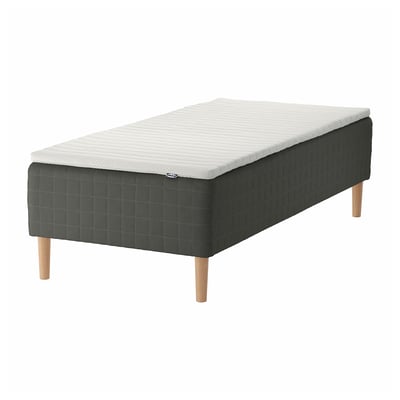 SKOTTERUD bed: dark gray, squared design, light gray top, wooden legs.