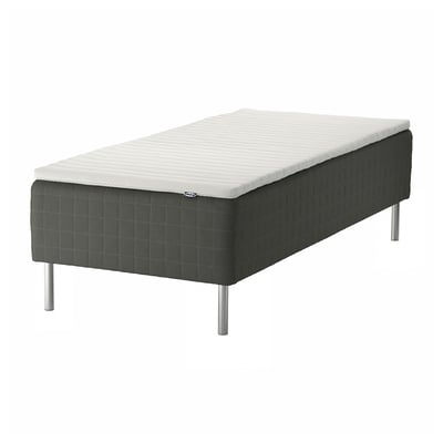 A SKOTTERUD black bed with a white mattress, supported by metal legs.