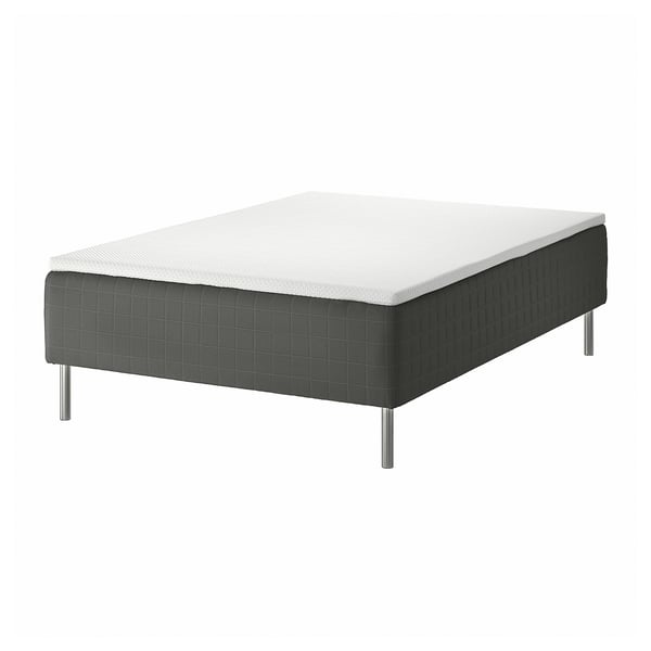 SKOTTERUD bed: grey, rectangular, quilted top, metal legs.