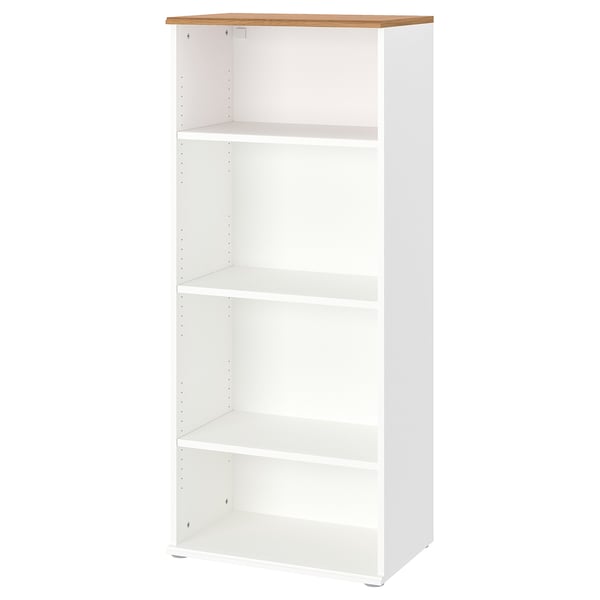 SKRUVBY white bookcase, 3 shelves, oak top, modern traditional design.
