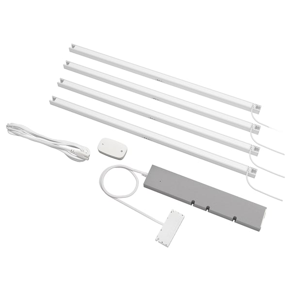 Image shows an led lighting kit for kitchen cabinets. Includes strips, driver, dimmer, and cord. White colour, sleek design for enhet kitchens.