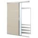 SKYTTA: modern beige sliding closet door with open metal shelves.