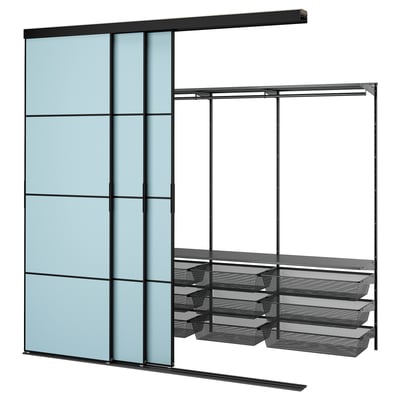 SKYTTA blue and black storage system with glass panels and metal mesh baskets, designed for efficient space use.