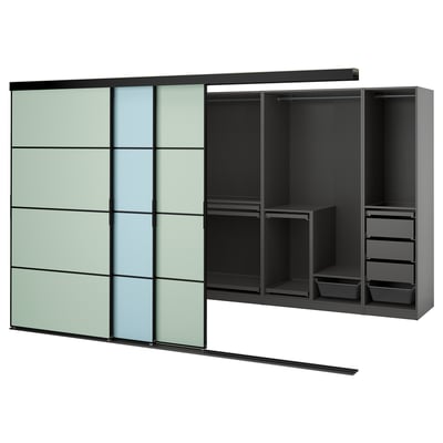 Modern wardrobe with sliding glass doors, dark frames, and internal organizers including shelves and drawers.