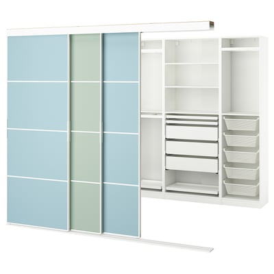 SKYTTA closet: 3 light blue glass doors, white shelves, pull-out trays and baskets. Modern design for storage.