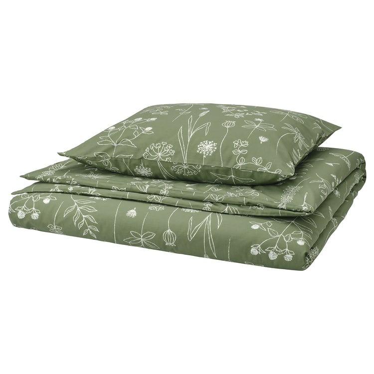 SLÅNGULDMAL Duvet cover and pillowcase green/floral pattern IKEA