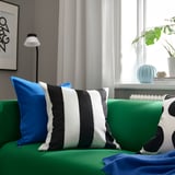 Bright green sofa featuring a black and white striped cushion cover, SLÅNHÖSTMAL, along with blue accents. A modern, minimalist design.