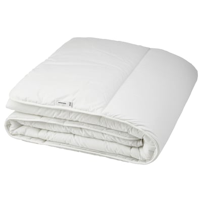 A white SMÅSPORRE duvet, soft and fluffy, made from recycled polyester and cotton, folded neatly.