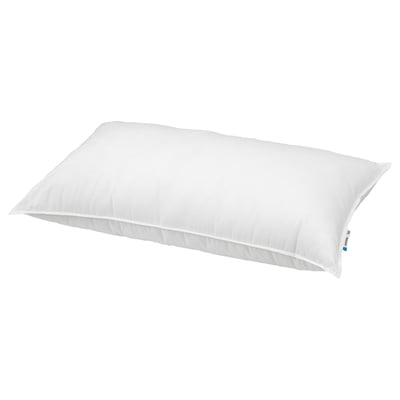 White SMÅSPORRE pillow: soft, firm, cotton & recycled polyester, for side/back sleepers.
