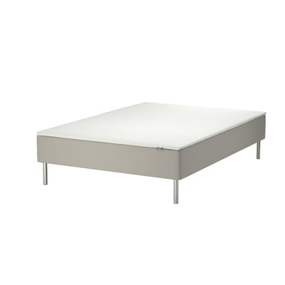 SNARUM bed: white, upholstered, rectangular, raised legs.