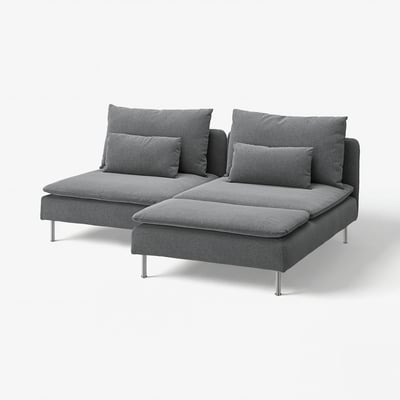 A grey SÖDERHAMN sectional sofa with a modern, low-profile design. It has deep cushions and a chaise lounge, supported by slim metal legs.