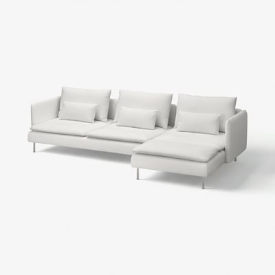Modern white sectional sofa with deep seats, clean lines, and metal legs.