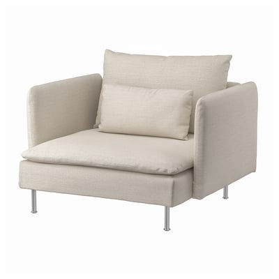 A beige SÖDERHAMN armchair with soft, cushioned design. It a slightly reclined back and sturdy chrome legs.