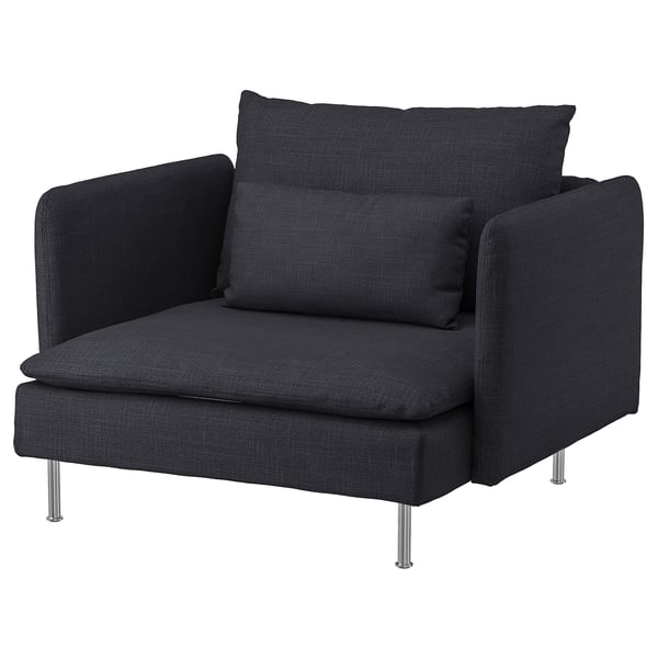 SÖDERHAMN dark gray chair, deep seat, l-shaped cushions, metal legs.