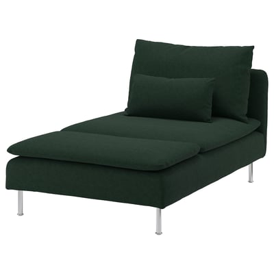 Modern green fabric chaise lounge with metal legs; sleek design.