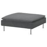 Grey upholstered square ottoman with chrome legs, modern minimalist design.