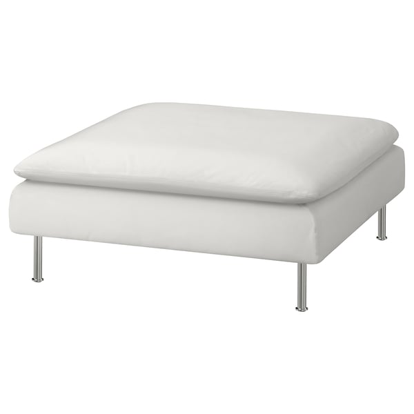 Modern white leather footstool with chrome legs.