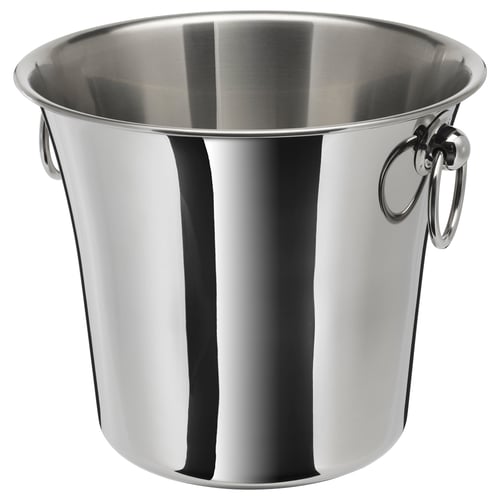 SOLDRÄNKT silver wine cooler with handles, made of shiny stainless steel, perfect for chilling drinks.