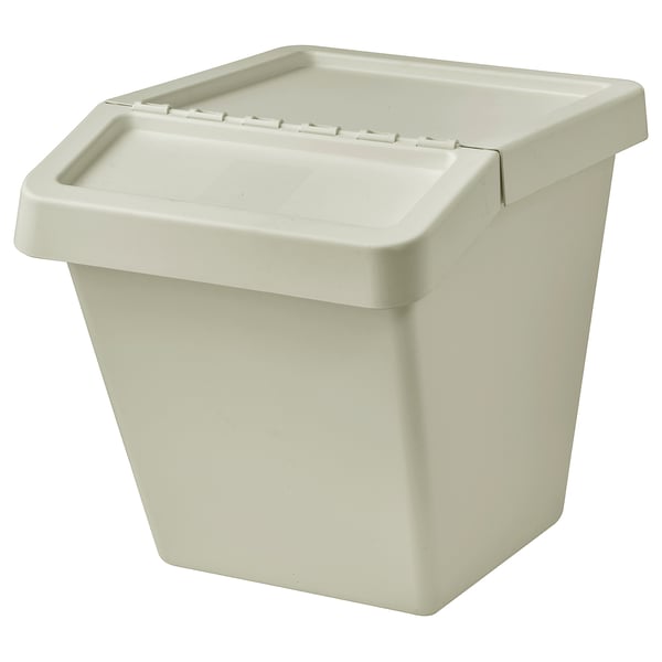 A white SORTERA waste bin with a lid, made of recycled plastic, square-shaped, with a foldable lid design for easy access.