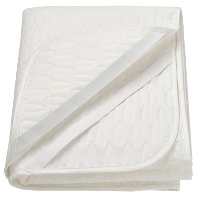 White mattress protector with elastic straps, waterproof layer, quilted design, rectangular.