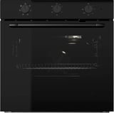 Black oven with smoked glass door & steel knobs.