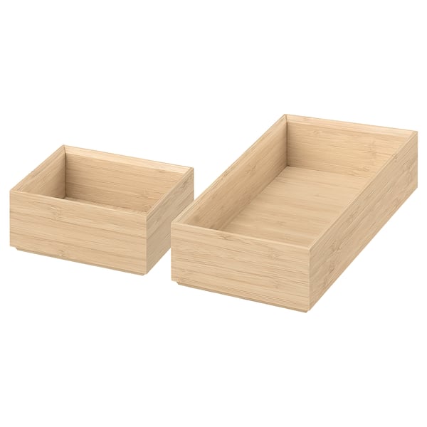 Two light brown rectangular wooden trays, simple and clean design, perfect for organising.