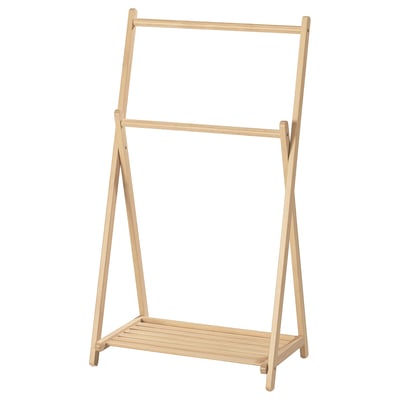 A STEGESUND, a light wooden coat rack with a shelf. Its natural beige, rectangular, and simply designed for hanging clothes.