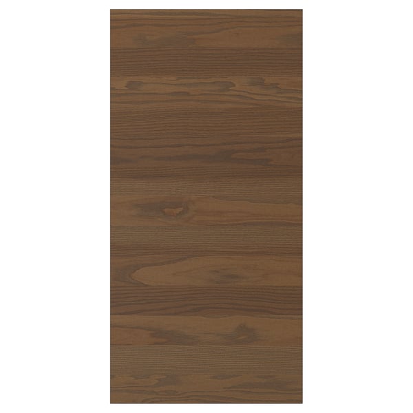 Dark brown wood grain kitchen cabinet panel with handles.