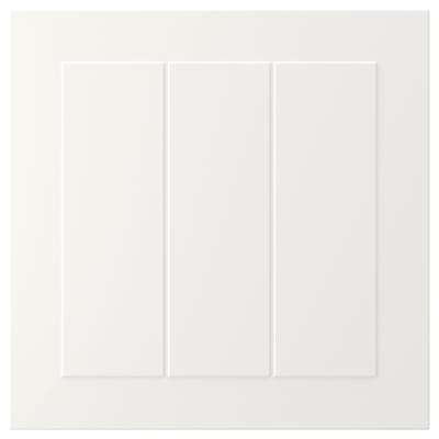 This image shows a white, rectangular STENSUND cabinet door with a smooth, lacquered finish and grooved panel design.