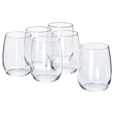 Six clear, crystalline wine glasses in a simple, elegant design, arranged in a group.