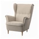 Comfortable grey STRANDMON wing chair, high back, soft lines, wooden legs.