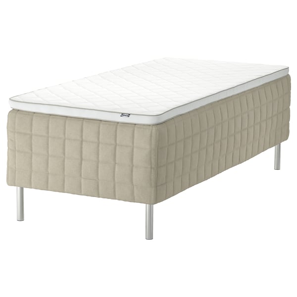 IKEA STUVLAND bed, beige, polyurethane foam, boxed tufted, four metal legs.