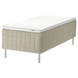 IKEA STUVLAND bed, beige, polyurethane foam, boxed tufted, four metal legs.