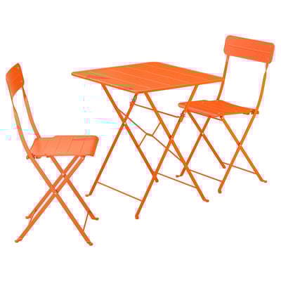 Bright orange foldable patio furniture set, including table and two chairs. Modern design, durable powder-coated steel.