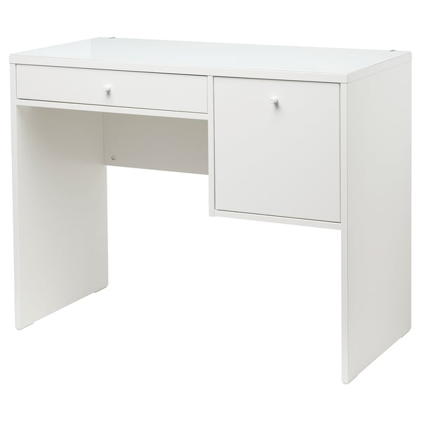 White SYVDE dressing table: sleek glass top, two drawers, smooth edges, modern design.